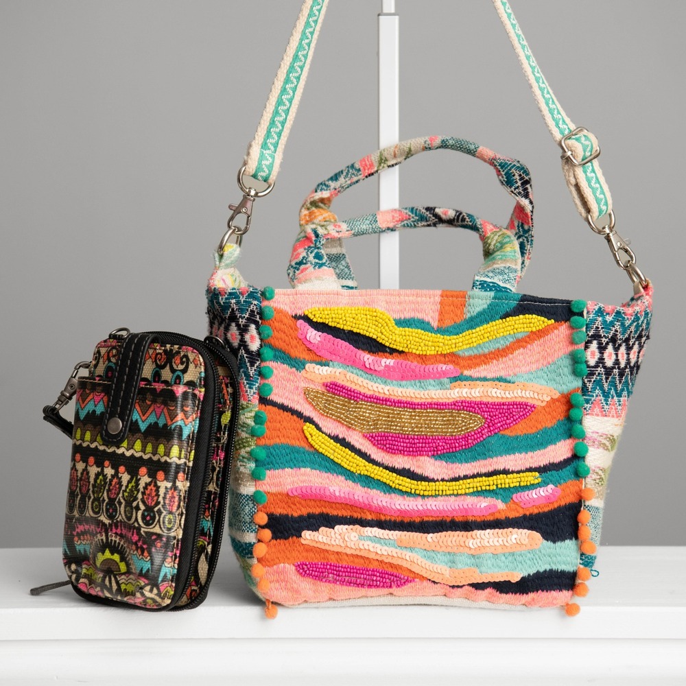 Colorful Beaded Woven Crossbody Bag & Sakroots Wallet Neon Tribal Eclectic Boho - Picture 2 of 9